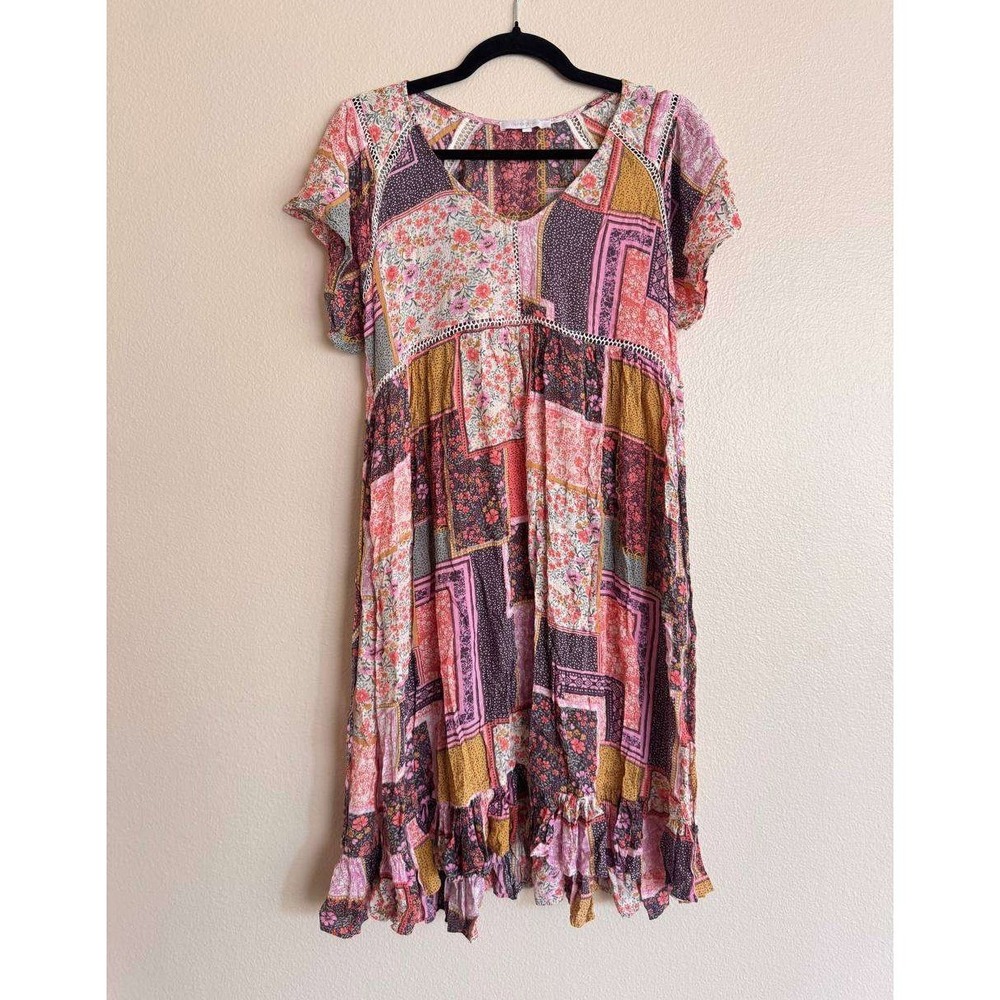 Olivaceous Patchwork Floral Tiered Dress S Cottagecore Boho Y2K Coquette Girl